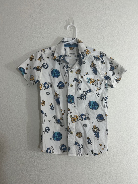 SVRN CODE Other - Space Graphic Short-Sleeve Button-Down Shirt - White with Blue & Yellow Print